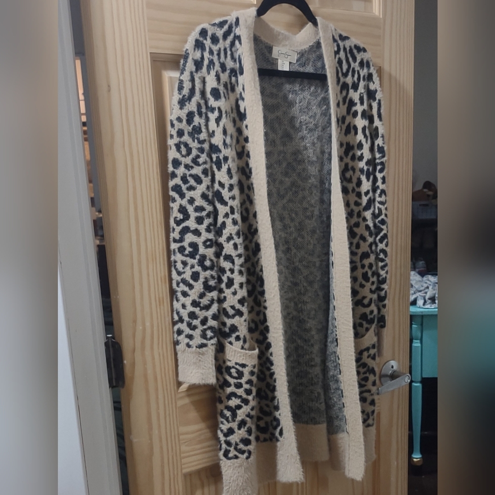 Jessica Simpson Animal Print Open Cardigan Duster in Black and Cream